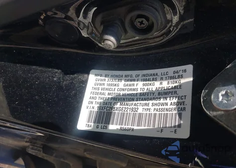 2016 Honda Civic Lx из США, поврежденный, VIN 19XFC2F5XGE221932